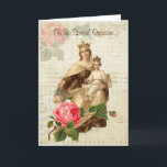 Cartão Vintage Virgin Mother  Mary Mount Carmel Birthday<br><div class="desc">Beautiful vintage religious image of the Blessed Mother,  Our Lady of Mount Carmel with Jesus and the Scapular and red roses on a vintage background.
All text and fonts can be modified.</div>