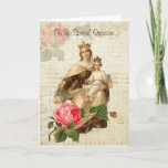Cartão Vintage Virgin Mother  Mary Mount Carmel Birthday<br><div class="desc">Beautiful vintage religious image of the Blessed Mother,  Our Lady of Mount Carmel with Jesus and the Scapular and red roses on a vintage background.
All text and fonts can be modified.</div>
