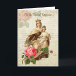 Cartão Vintage Virgin Mother  Mary Mount Carmel Birthday<br><div class="desc">Beautiful vintage religious image of the Blessed Mother,  Our Lady of Mount Carmel with Jesus and the Scapular and red roses on a vintage background.
All text and fonts can be modified.</div>