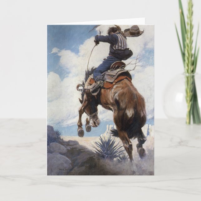 Cartão Vintage Western Cowboys, Bucking, pelo NC Wyeth (Frente)