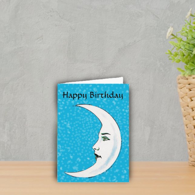 Cartão Vintage White Moon Face White Stars Aniversário (White Gothic looking crescent moon black lips white stars on vibrant blue Birthday greeting card.)
