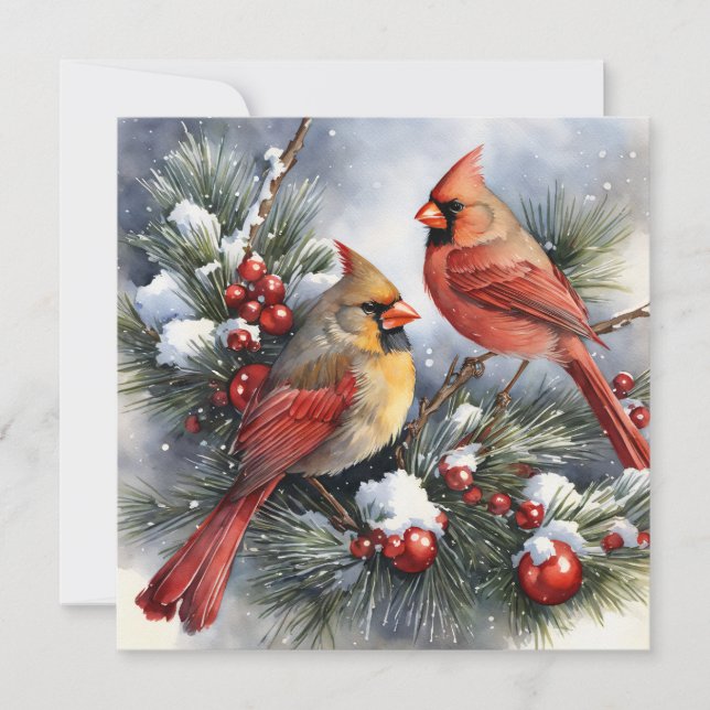 Cartão Vintage Winter Cardinal Birds Snowy Christmas Flat (Frente)