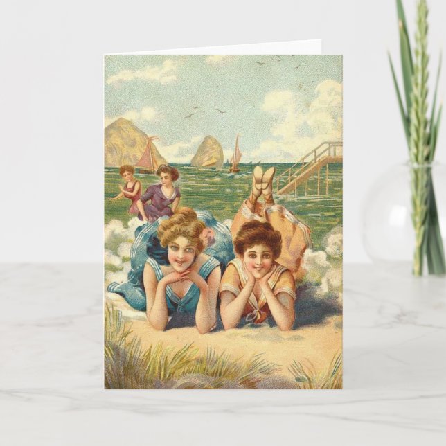 Cartão Vintage - Women Friends at the Beach, (Frente)