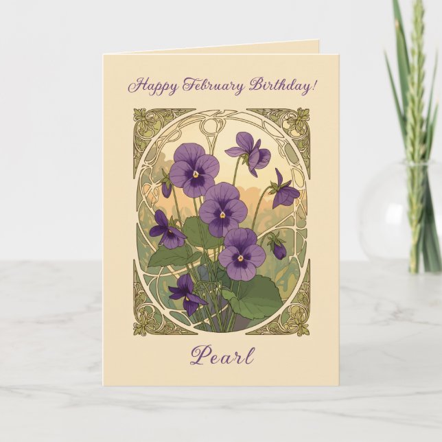 Cartão Viola Flowers February Birthday Art Nouveau Style (Frente)