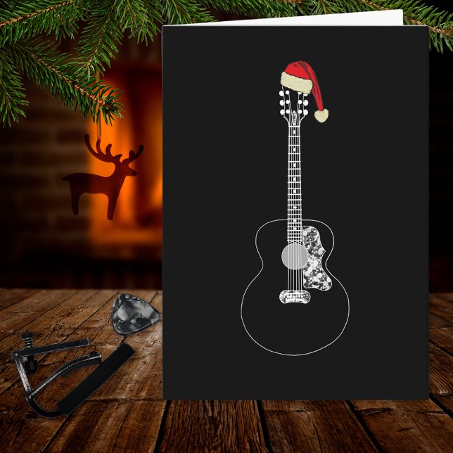 Cartão Violão de Natal preto e branco minimalista legal (Simple black and white christmas guitar wearing a Santa hat music themed holiday greetings card)