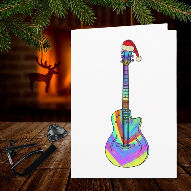 Cartão Violão de Natal Vestindo um Chapéu de Papai Noel (Christmas guitar holiday greetings folded card colorful psychedelic electric guitar )