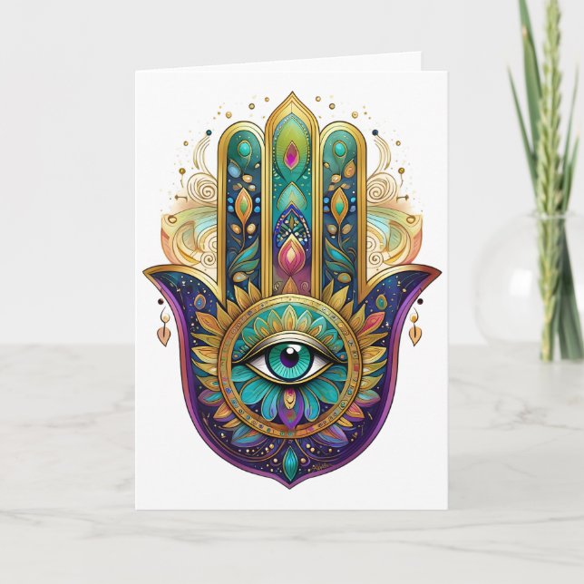 Cartão Violet Green Gold Petals Hamsa Turquoise Third Eye (Frente)