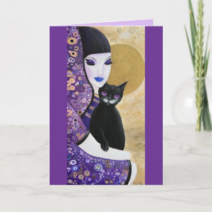 Cartão Violet Woman e Cat Whimsical Art