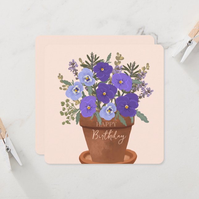 Cartão Violetas Roxas Buquê de Flores de Nascimento de Fe (Frente/Verso In Situ)