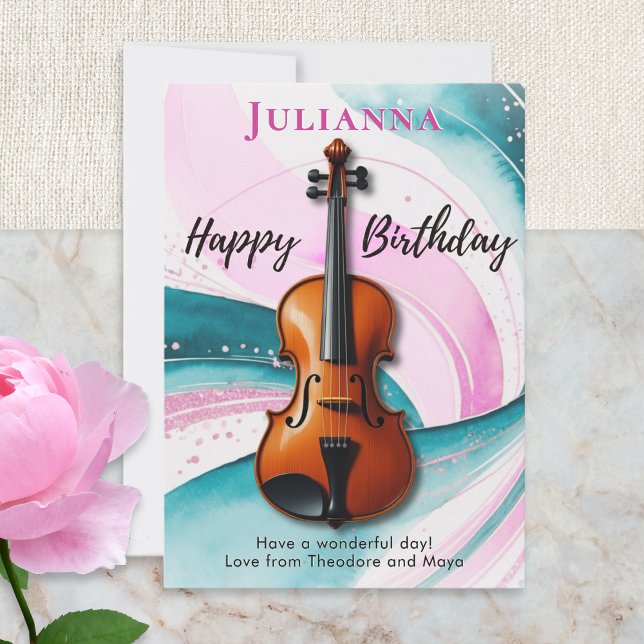 Cartão Violin Watercolor Swirls Musical Themed Birthday (A birthday card with picture of a violin on pink and turquoise swirls, with custom name and message)