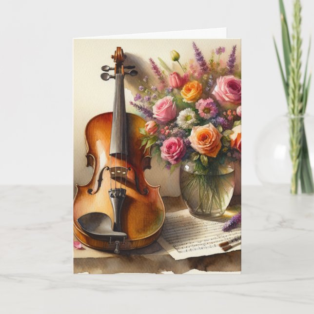 Cartão Violino, Música Folha e Vaso de Flores (Frente)