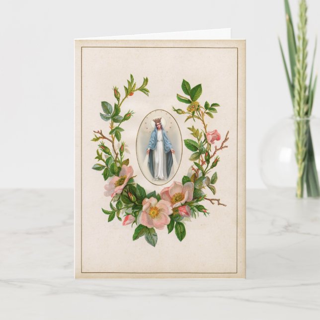 Cartão Virgem Abençoada Religiosa Mary Floral Vintage (Frente)