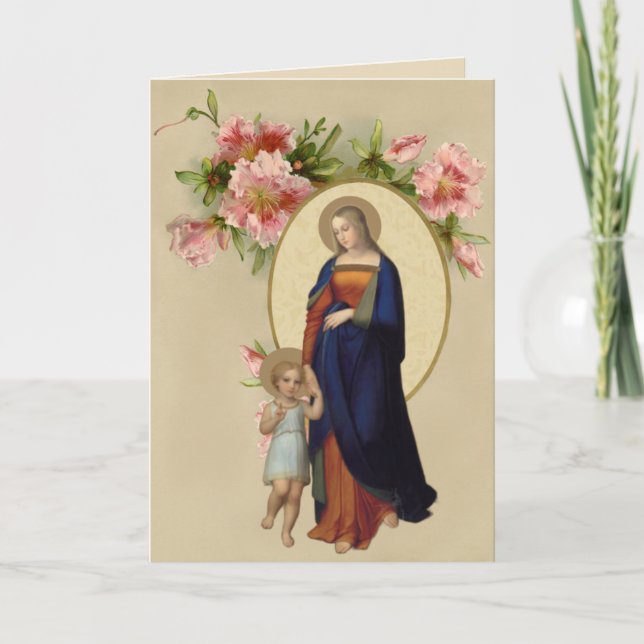 Cartão Virgem Abençoada Religiosa Mary Jesus Floral (Frente)