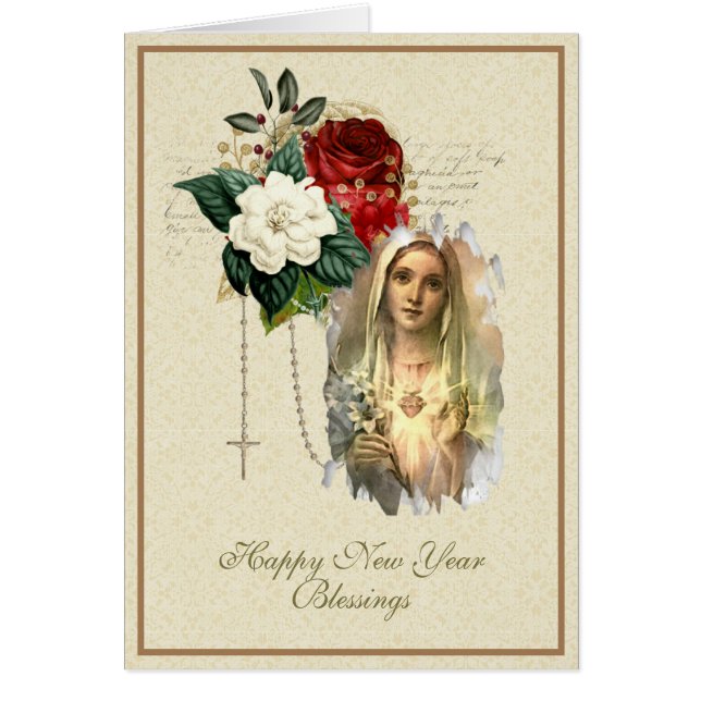 Cartão Virgem Religiosa de Ano Novo Mary Rosary Floral (Frente)