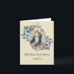 Cartão Virgem Religiosa Maria Floral Rosário<br><div class="desc">Apresentando uma linda e tradicional imagem religiosa da Assunção da Virgem Mãe Abençoada. As pulverizações florais azuis estão em cada lado dela. Todo o texto e as fontes podem ser modificados.</div>