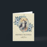 Cartão Virgem Religiosa Maria Floral Rosário<br><div class="desc">Apresentando uma linda e tradicional imagem religiosa da Assunção da Virgem Mãe Abençoada. As pulverizações florais azuis estão em cada lado dela. Todo o texto e as fontes podem ser modificados.</div>