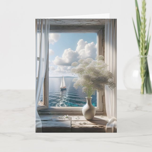 Cartão Vista de Aniversário em Curso na Janela (Frente)