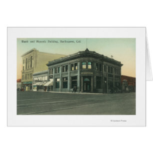 Cartão Vista exterior do banco e do templo maçónico