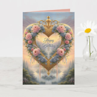 Cartão Vitoriano, coração dourado com flores e dizeres