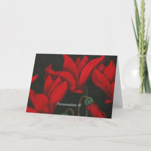 Cartão Vivo ciclama vermelho floresce no fundo preto escu