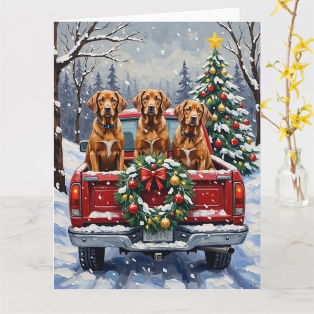 Cartão Vizsla Christmas Red Truck Holiday (Flor Amarela)