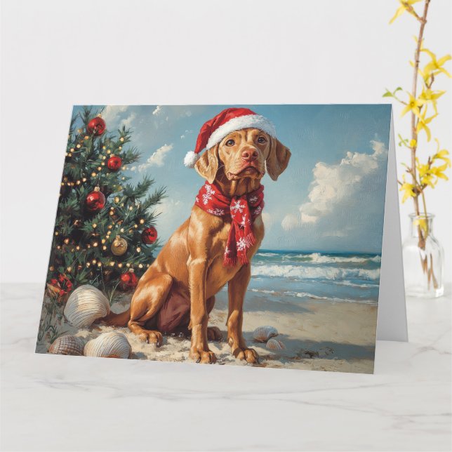 Cartão Vizsla Dog Christmas Vintage Beach (Flor Amarela)