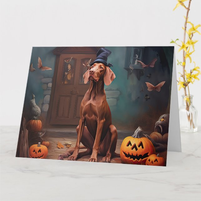 Cartão Vizsla Pumpkins Halloween Scary (Flor Amarela)