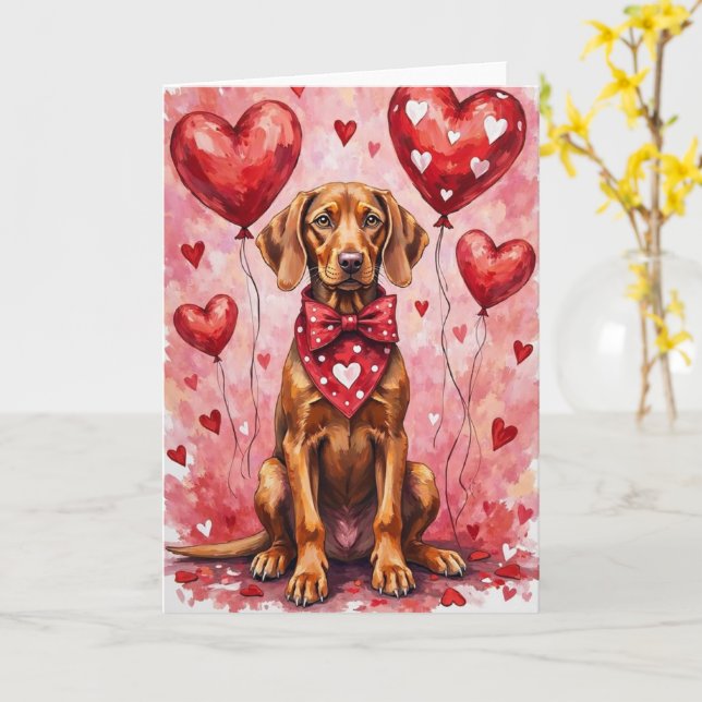 Cartão Vizsla Valentine Dog Sitting with Hearts Red (Flor Amarela)