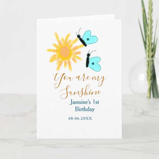 Cartão Você é meu sol amarelo laranja sol azul borboleta (Frente)