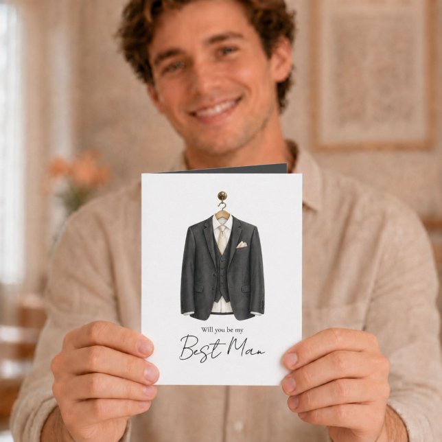 Cartão Você Será Meu Padrinho Proposta de Terno  (Elegant watercolor Best Man proposal card with charcoal suit and cream accents.)