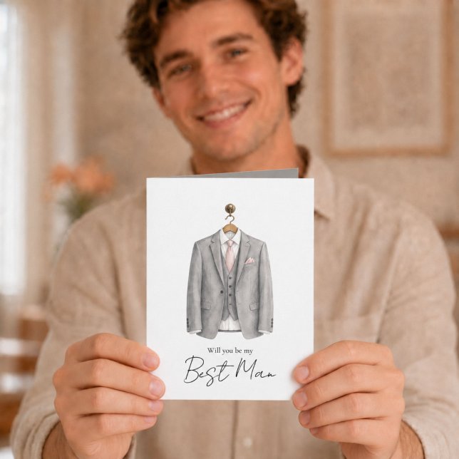Cartão Você Será Meu Padrinho Terno Cavalheiro (Elegant Best Man proposal card with a gray watercolor suit and blush pink accents.)