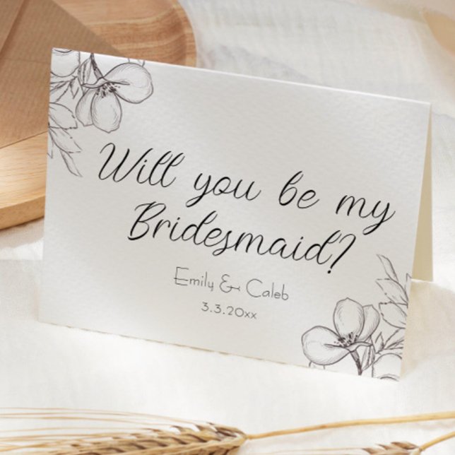 Cartão Você Será Minha Porta-Voz? Floral Line Art (will you be my bridesmaid bridesmaid proposal card black and white flowers drawn script cursive )