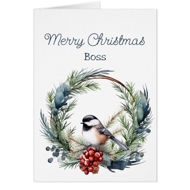 Cartão Votos de Natal para o BSS Chickadee Bird Wreath (Frente)