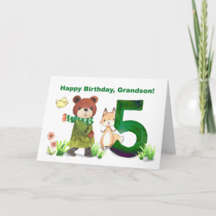 Cartão Vovô 5 Birthday Watercolor Bear e Fox