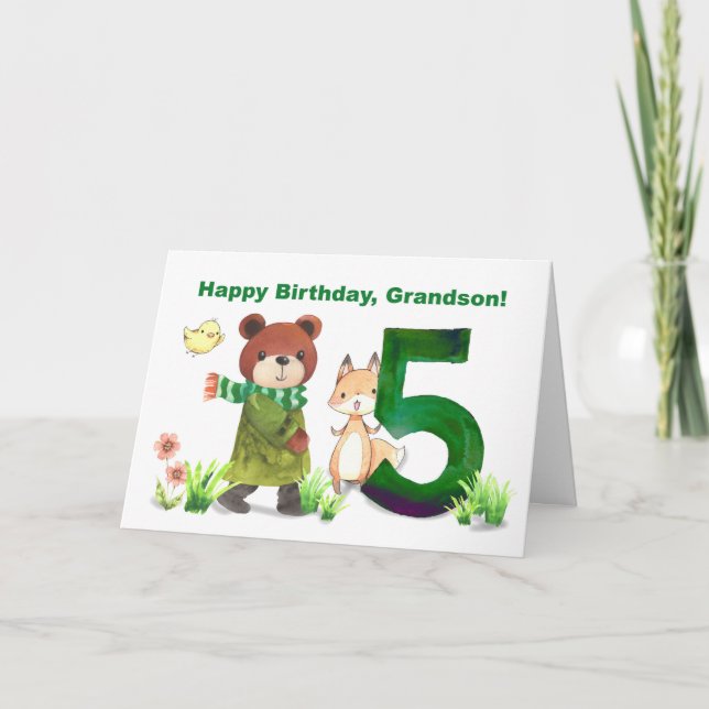 Cartão Vovô 5 Birthday Watercolor Bear e Fox (Frente)