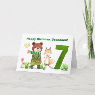 Cartão Vovô 7 Birthday Watercolor Bear e Fox