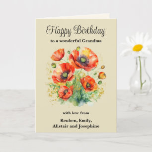 Cartão Vovó Papa Vermelho Russo Feliz Aniversário Floral 