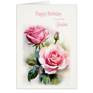 Cartão Vovó Rosas de Aniversário Pintado Aquarela