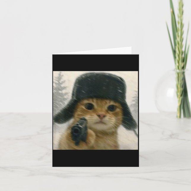 Cartão Wacky Cat Wearing Ushanka Hat Russian Meme Cat Hum (Frente)