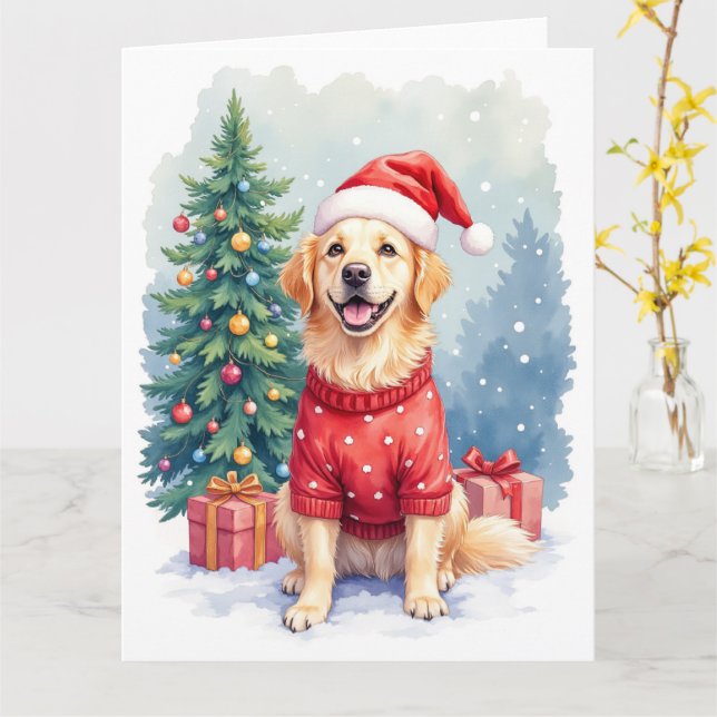 Cartão Warm Watercolor Golden Retriever Christmas Tree (Flor Amarela)