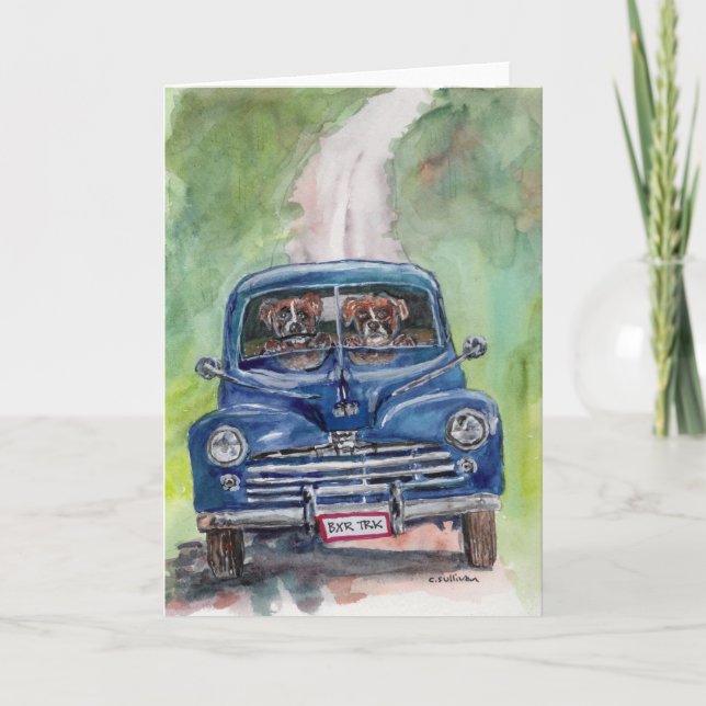 Cartão watercolor 2 Boxers driving old truck (Frente)