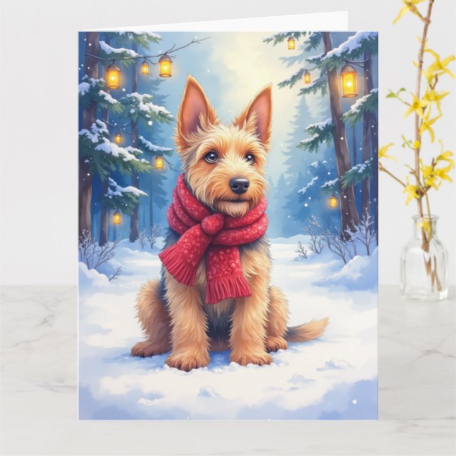 Cartão Watercolor Airedale Terrier Snowy Christmas (Flor Amarela)