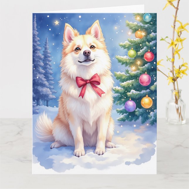 Cartão Watercolor American Eskimo Dog Sparkling Christmas (Flor Amarela)