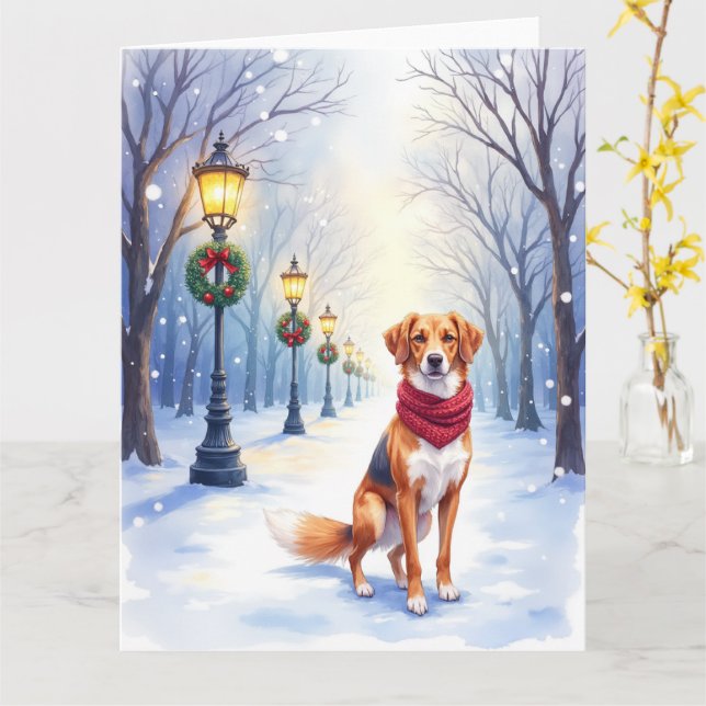 Cartão Watercolor American Foxhound Snowy Lamppost (Flor Amarela)