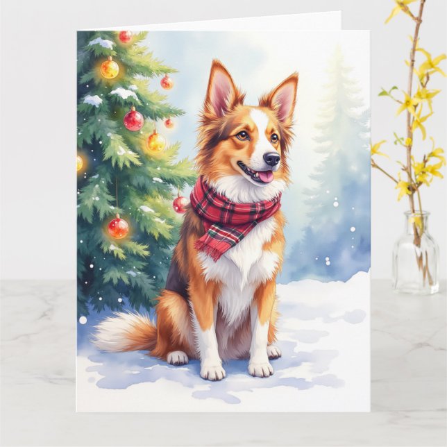 Cartão Watercolor Australian Shepherd Glowing Christmas (Flor Amarela)