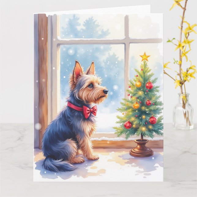 Cartão Watercolor Australian Terrier Tabletop Christmas (Flor Amarela)