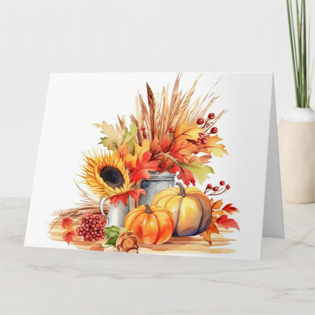 Cartão Watercolor Autumn Sunflower & Pumpkins (Frente)