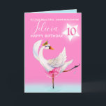 Cartão Watercolor ballet swan granddaughter 10th birthday<br><div class="desc">Watercolor whimsy swan personalized name and age birthday card. Personalize with your own name and age, reads To our beautiful granddaughter Felicia 10 and message inside reads we hope you have a wonderful day! Pretty shades of pink, aqua blue, and white. Other matching dancing ballerina swan items available. An original...</div>