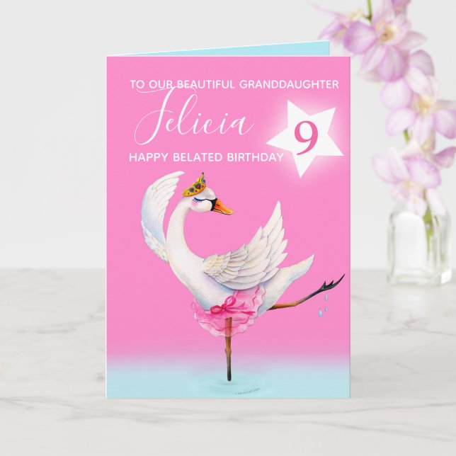 Cartão Watercolor ballet swan granddaughter 8th birthday (Orquídea)