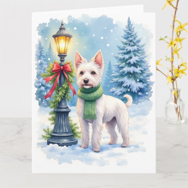 Cartão Watercolor Bedlington Terrier Lamppost Christmas (Flor Amarela)